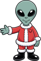 Cartoon alien character Santa Claus wearing Christmas suit gesturing presenting holiday season mascot illustration for festive greeting card invitation marketing graphic design alien invasion christma