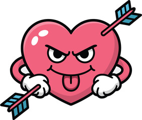 Cartoon heart character with arrow vector illustration for valentines day graphic design element valentine romance love symbol sticker mascot with cute face and tongue out for greeting cards and socia