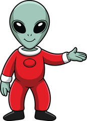 Friendly cartoon alien gesturing in red space suit cute extraterrestrial being smiling welcoming offering presentation character illustration for science fiction kids storybooks educational materials
