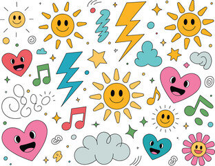 Whimsical cartoon doodle pattern with smiling suns hearts stars clouds and lightning bolts fun playful vector illustration for kids children's designs backgrounds textiles wallpaper and cheerful posit