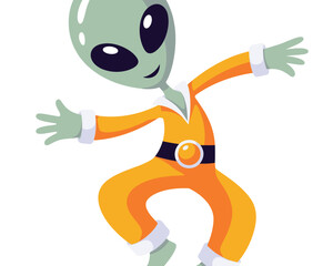 Cartoon alien dancing in retro jumpsuit fun character illustration for science fiction fantasy animation space exploration concept extraterrestrial visitor from another planet friendly mascot for kids