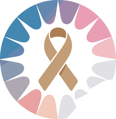 Beige awareness ribbon graphic illustration on dark background in circle of sun rays symbol for solidarity hope support in medical health care causes nonprofits social awareness campaigns and promotio