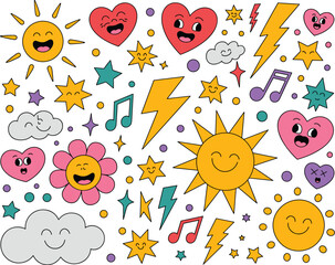 Funky retro cartoon character illustration with happy suns hearts clouds stars and lightning bolts in groovy 70s style vibrant design for posters social media graphics and playful designs positive ene