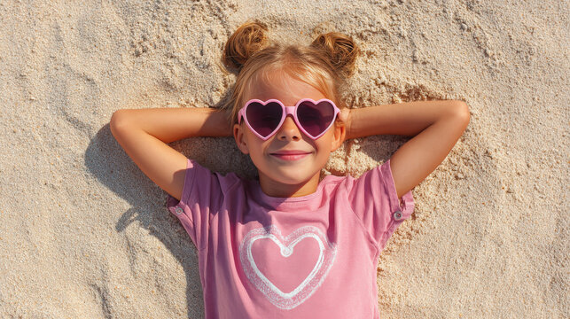 ni&ntilde;a de 7 a&ntilde;os tumbada en la arena de una playa con los brazos detras de la cabeza. Sonrie y lleva gafas de sol rosas conforma de corazon, coletas y camiseta rosa con un corazon blanco