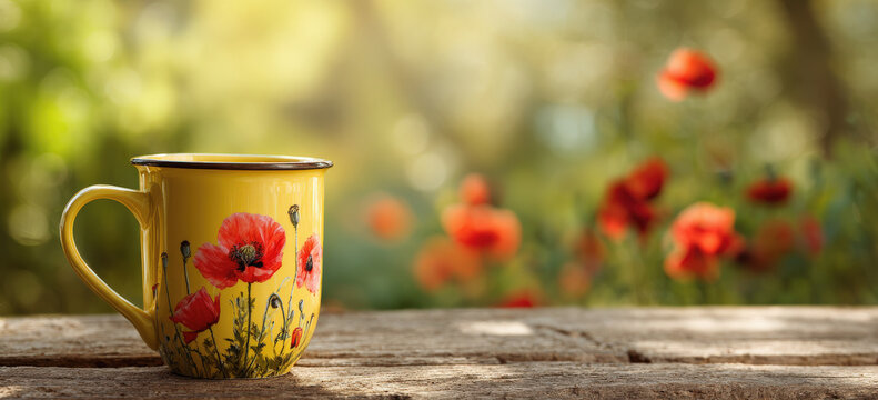 taza metalica amarilla retro con flores de amapola pintadas ecima de una mesa de madera con fondo de campo verde y rojo de amapolas. Tipo expositor con espacio vacio para productos