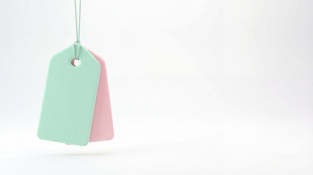 Pastel price tags hang on string. Blank tags on white background for spring sale, flash sale promo, discount offers, promo codes, free shipping, price tags mockup, plenty copy space, minimal design