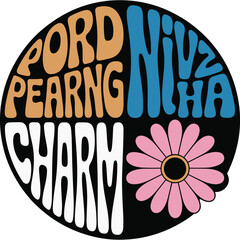 Retro groovy typography design element with flower power illustration in vibrant colors vintage aesthetic graphic for 70s themed party invitation decoration and boho chic fashion apparel design projec