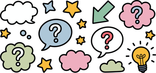 Colorful Question Marks in Speech Bubbles with Lightbulb and Stars Concept Illustration for Education Training Presentation Graphic Element Asking Questions Seeking Solutions Innovation and Creativity