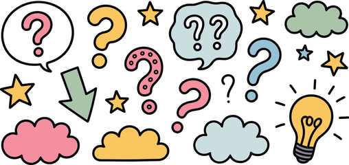 Colorful Question Marks and Lightbulb Doodle Concept Illustration for Creative Problem Solving Brainstorming Infographics Educational Materials Modern Design Thinking Visuals Clarity and Understanding