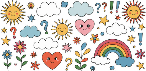 Cute cartoon sun rainbow hearts clouds flowers stars characters illustration design elements for kids children product packaging vibrant playful positive mood summer spring graphic resource for creati