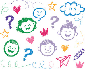 Colorful hand drawn doodle illustration with happy smiling faces stars hearts question marks crowns pencil and paper airplane on white background for back to school education creative learning design