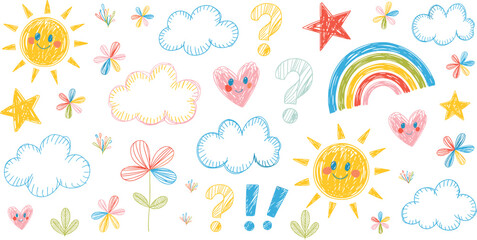 Cute hand drawn doodle elements with sun cloud heart star rainbow flower question mark and exclamation point for kids children baby nursery decor art education creative design projects in vector illus
