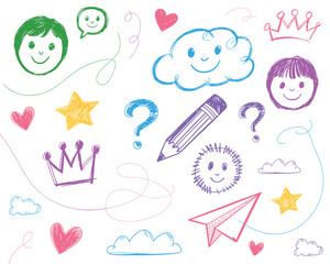 Colorful Children's Drawings and Doodles on White Background Illustration for Kids Education and Creative Projects Cute Hand Drawn Faces Clouds Stars Hearts Crowns Pencil Question Marks Paper Airplane