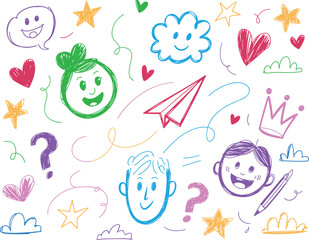 Colorful doodle art illustration with cute smiling faces stars hearts clouds and paper airplane whimsical hand drawn style for children's education creative projects school resources and happy positiv
