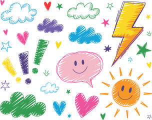 Colorful doodle vector elements background with hand drawn clouds hearts stars sun lightning and speech bubble sketch illustration for kids children education creative drawing fun art design concept