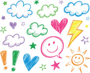 Colorful hand drawn doodle vector set with clouds stars hearts sun lightning speech bubble exclamation mark fun playful sketchbook style icons for kids education creative design illustrations and grap