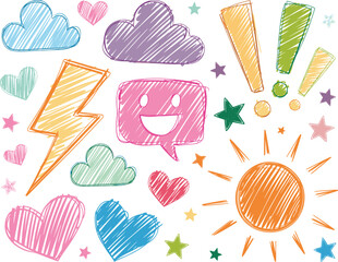 Colorful hand drawn doodle elements illustration with sun cloud lightning bolt hearts stars speech bubble exclamation mark for kids education creative design projects cute and fun art in vibrant color