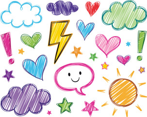 Colorful doodle sketch elements background pattern with hearts clouds stars speech bubble lightning sun and exclamation points vibrant hand drawn illustration for creative design projects and educatio