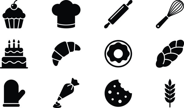 Bakery and pastry silhouette icon set, baking dessert vector collection with cupcake, chef hat, rolling pin, whisk, cake, croissant, donut, bread and cookie