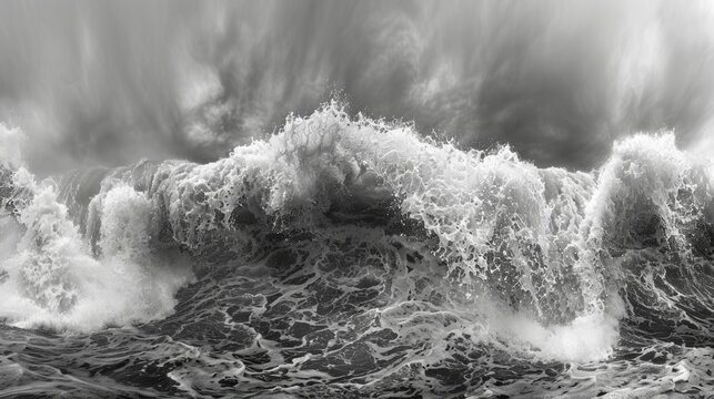 A panoramic shot capturing the intensity and energy of waves crashing in a neverending cycle. Black and white art