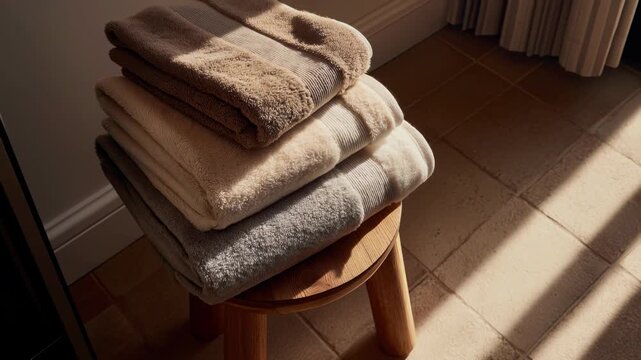 A stack of soft, cozy blankets in neutral colors placed on a wooden stool. Sunlight casts shadows on the tiled floor, creating a warm atmosphere.