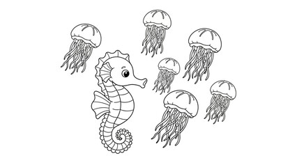 Playful Seahorse and Jellyfish Coloring Page, Whimsical Marine Life for Toddlers. svg.