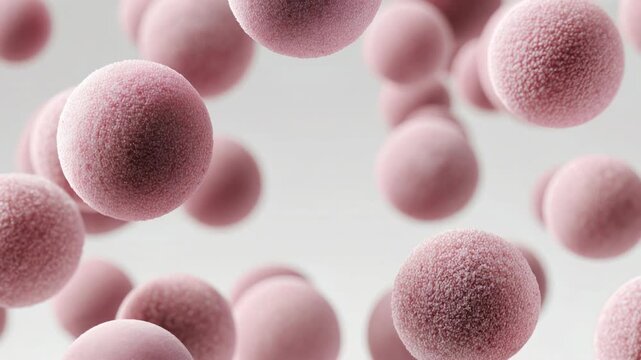 Close-up view of pink spherical cells floating in a light background. The image illustrates cellular structures and biological concepts.