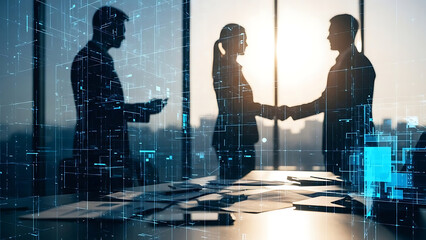 Business people shaking hands in office with digital lines and network connections overlay at sunset