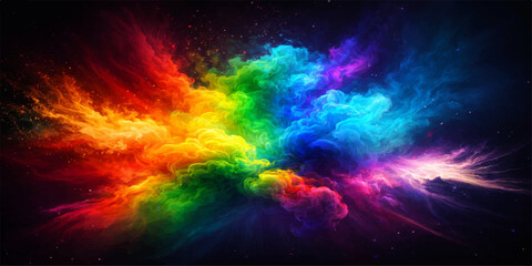 Abstract colorful rainbow background with stars featuring a fantasy nebula of smoke and fire amidst a blue and red fractal galaxy texture for a science fiction wallpaper illustration © Jisan