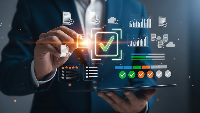 Businessman holding tablet showing virtual screen documents management system online digital data analysis report chart - Powered by Adobe