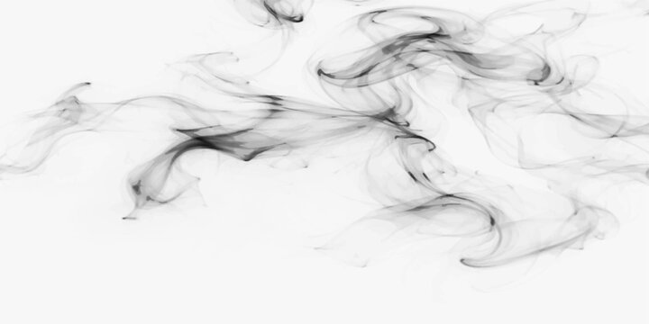 Smooth black smoke isolated on white background creates a flowing wave pattern with an artistic ink motion like wispy hair or steam in a light design illustration