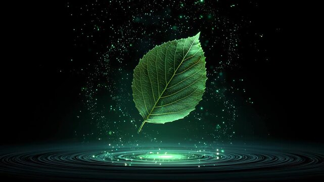 A green leaf floats above a circular water surface, surrounded by droplets and a dark background. The scene emphasizes nature and tranquility.
