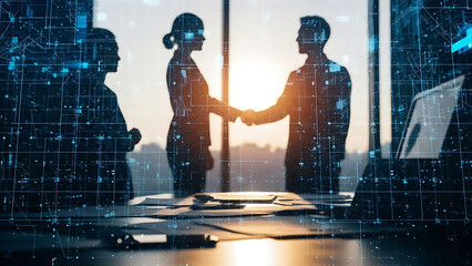 Silhouettes of business people shaking hands in office with digital network overlay symbolizing connection