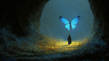 A glowing butterfly leading a traveler out of a dark labyrinth into a radiant meadow. (2)