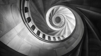 The intricate interplay of light and shadow on a spiral column accentuating its spiral design. Black and white art