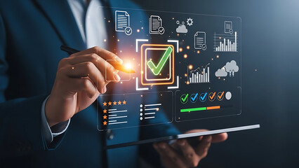 Auditing digital compliance documents and confirming successful completion on futuristic screen