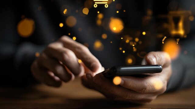 A close-up of a person's hand using a smartphone. Shopping cart icons and glowing particles appear above the screen, representing online shopping.