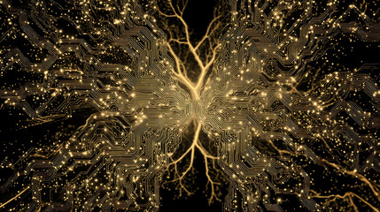 A digital forecast of human innovation, glowing circuits branching infinitely outward.