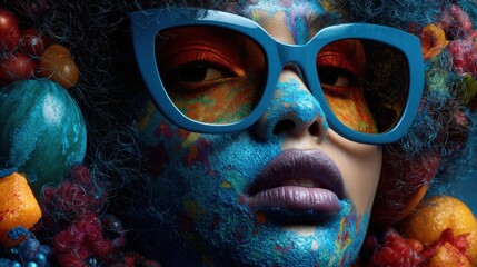 A beautiful black woman with blue lipstick and large sunglasses, her face is covered in colorful fruit-inspired colors, vibrant colors and very detailed.
