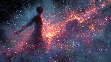 A glowing figure dissolving into stardust, merging with the universe. (1)