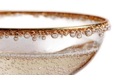 Elegant champagne glass rim featuring delicate droplets highlighting luxury drink presentation isolated on transparent background PNG
