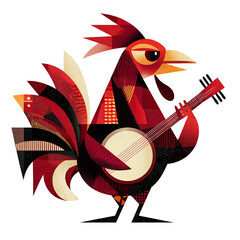 Country Folk Rooster Playing Banjo Americana Style Illustration