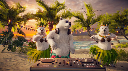 3D Render of Polar Bears on Tropical Beach: Hawaiian Sunset Party with DJ & Hula Dance. Ideal for Romantic Travel, Tropical Holidays, and Valentine&rsquo;s Day.