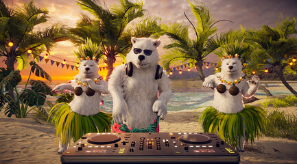 Polar Bears on Tropical Beach: Hawaiian Sunset Party with DJ & Hula Dance. Perfect for Vacation, Love, Valentine's Day.