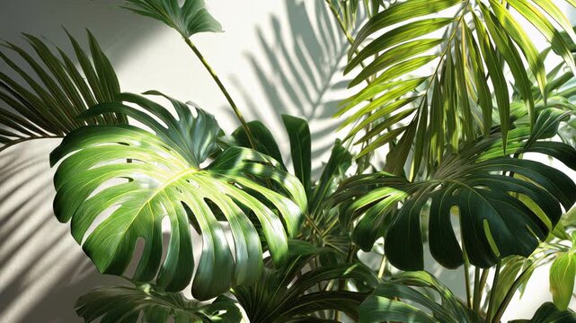 Close-up of lush green monstera leaves casting shadows on a wall. The vibrant foliage showcases the unique split leaves of the plant.