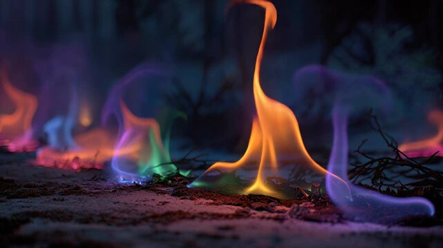 Colorful flames rise from the ground, creating a vibrant display of orange, blue, and purple hues against a dark background.