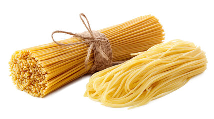 Bundles of uncooked spaghetti pasta tied with rope isolated on white background