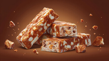 Peanut caramel nougat candy bars with nuts and crumbs isolated on brown background
