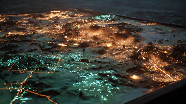 A glowing battlefield map showing predictions of future victories and losses. (1)