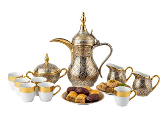 ornate gold tea set with cups and cookies, arabic festive display